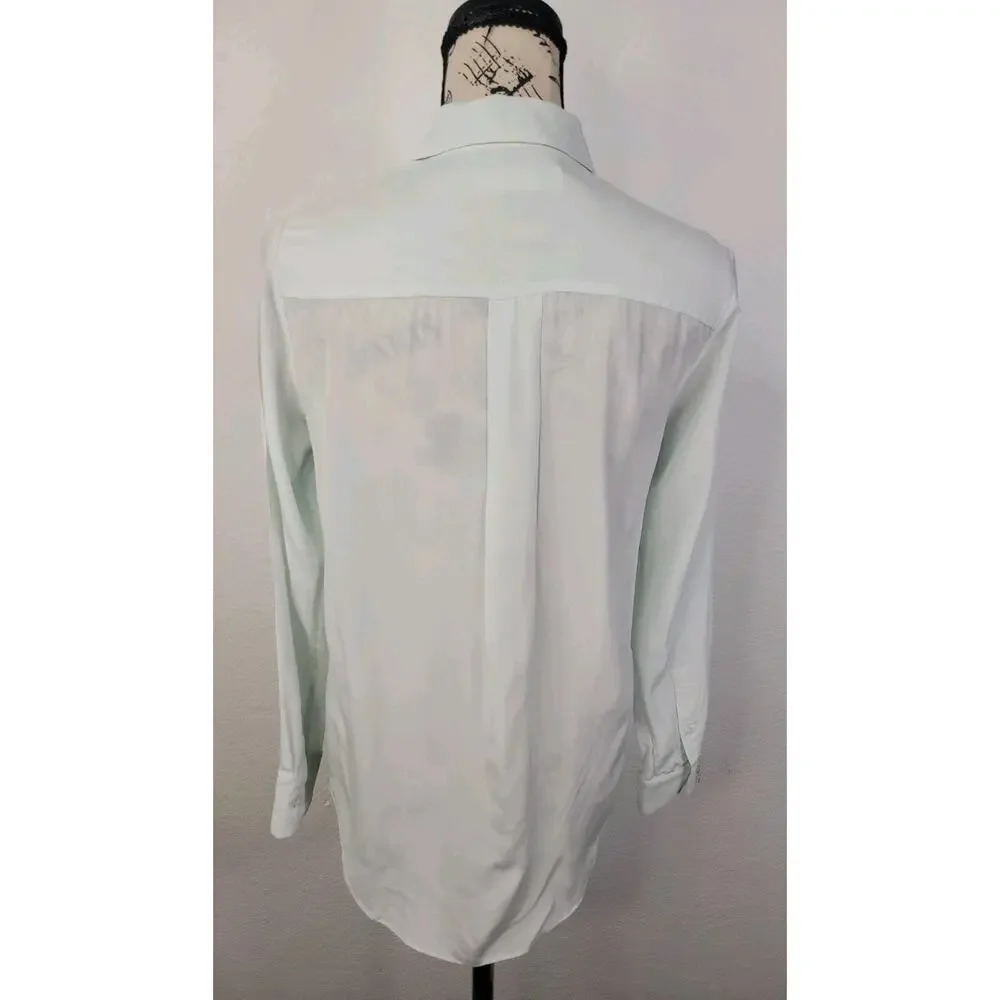 Everlane Blouse Womens SZ 00 Green 100% Silk button Up Shirt Semi Sheer